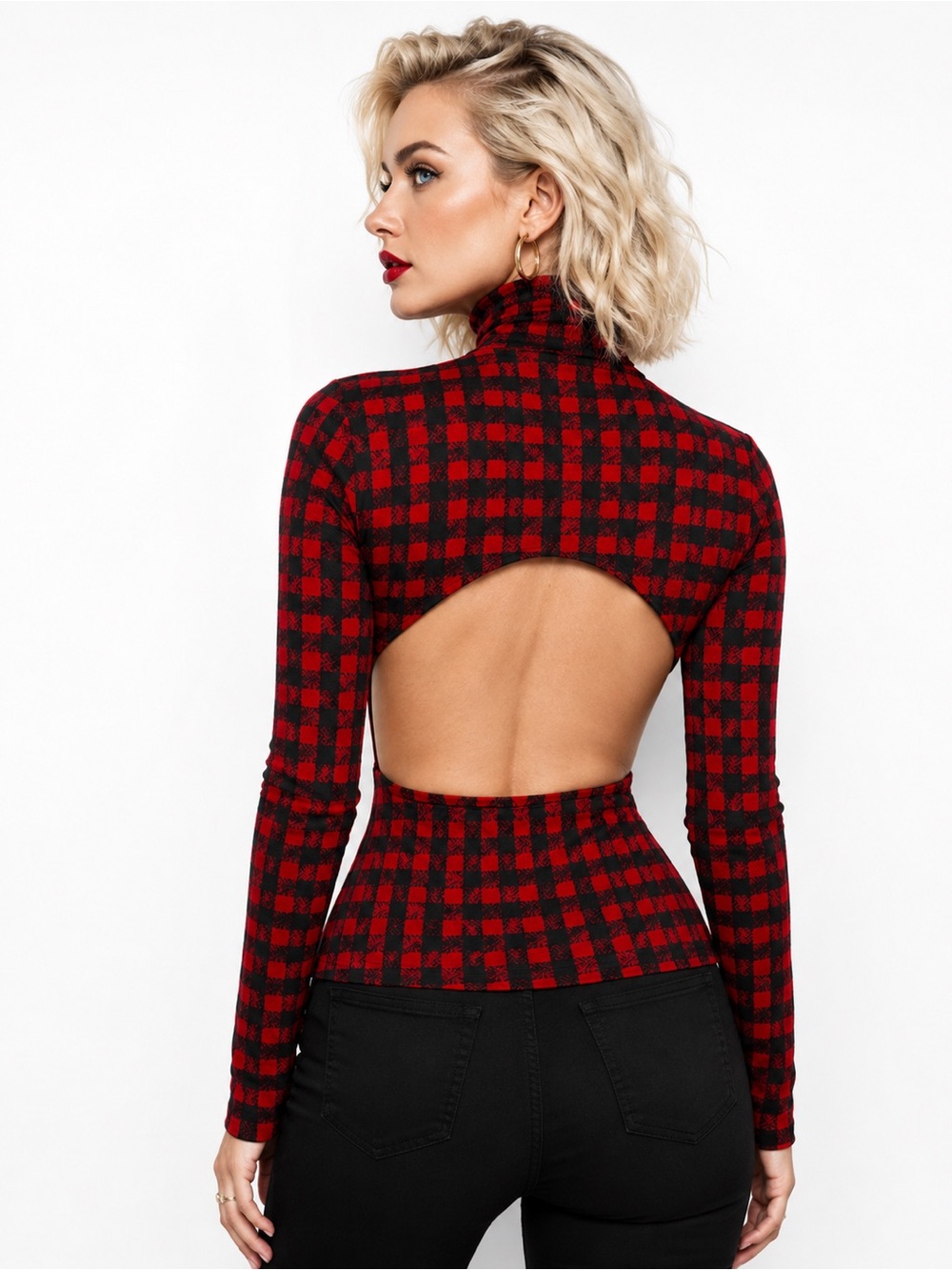 GILMAR Made In Italy Red Black Buffalo Plaid Open Back Turtle Neck Top NWT